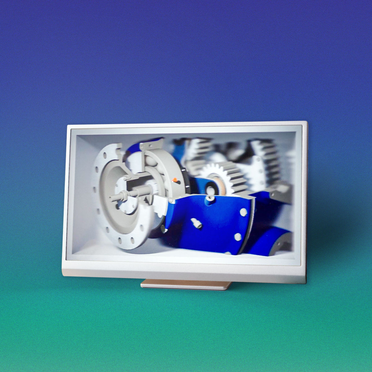 Looking Glass 16-inch spatial display showing a three-dimensional mechanical model